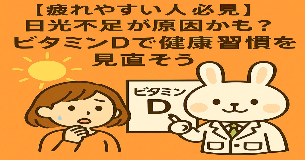 オレンジ背景のアイキャッチ画像。日光不足を心配するすずちゃんと、ビタミンDの重要性を説明する白衣姿のみどりんが描かれ、「【疲れやすい人 必見】日光不足が原因かも？ビタミンDで健康習慣を見直そう」というメッセージが中央に配置されている。