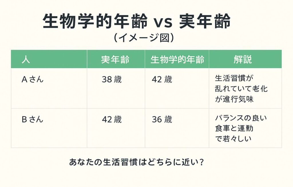 生物学的年齢と実年齢の比較表。Aさんは実年齢38歳に対し生物学的年齢が42歳で、生活習慣が乱れて老化が進行気味。Bさんは実年齢42歳に対し生物学的年齢が36歳で、バランスの良い食事と運動により若々しい。キャプションに“あなたの生活習慣はどちらに近い?”と記載。