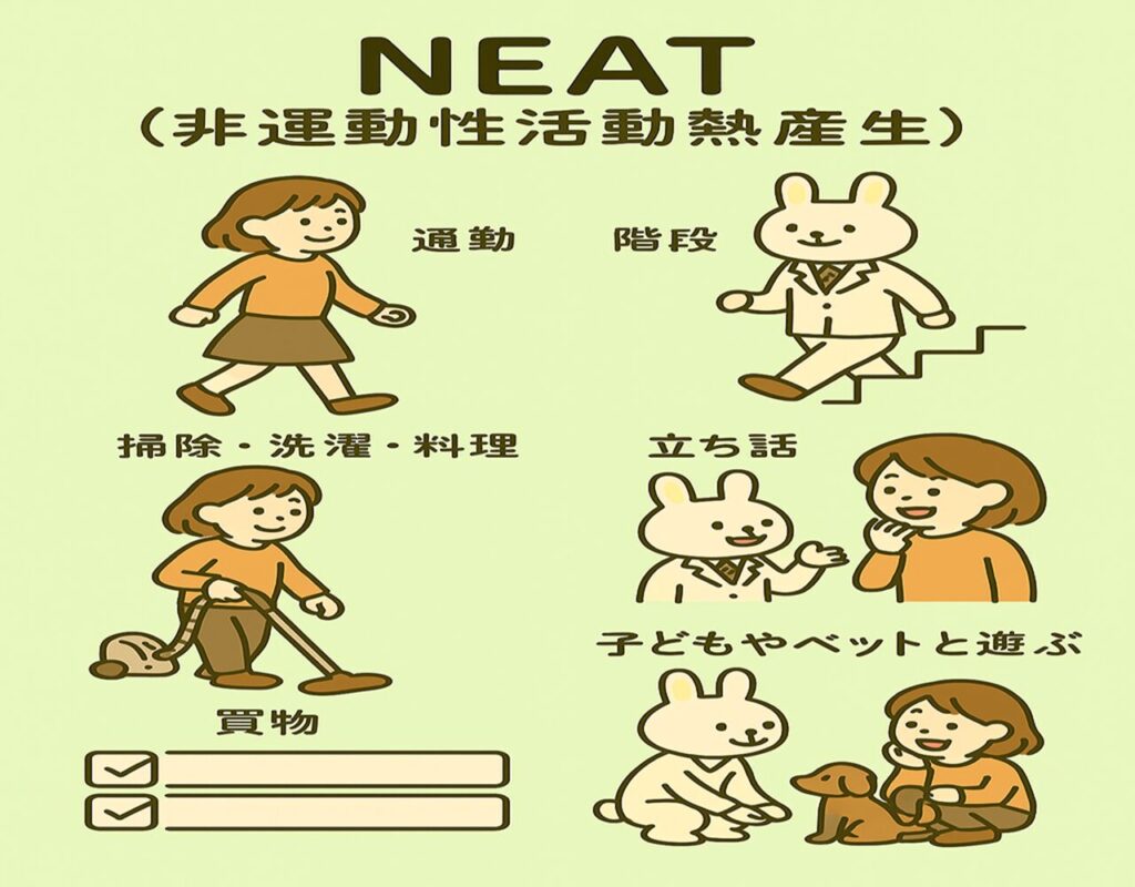 「NEAT(非運動性活動熱産生)の具体例を紹介する図解。通勤で階段を使うすずちゃん、家事で掃除機をかけるみどりん、買い物で歩くすずちゃん、ペットと遊ぶみどりんなど、日常の“ちょっとした動き”がNEATに含まれることを示しているイラスト。やさしい色合いと親しみやすいタッチで構成されている。