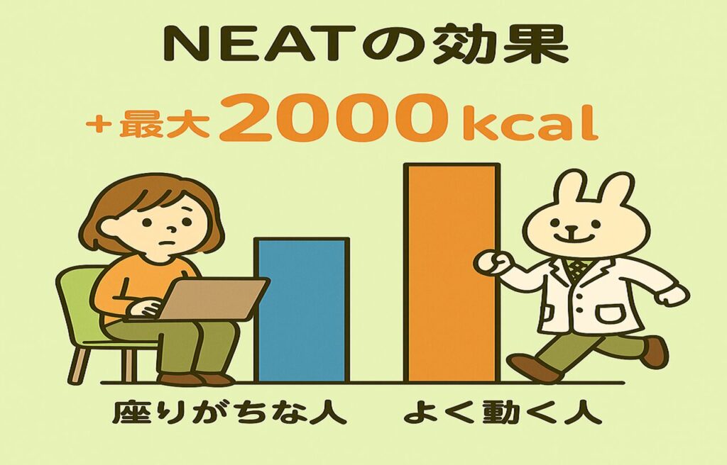 「NEATによるカロリー消費の差を表す図。左にはイスに座る“すずちゃん”のイラスト(NEATが低い)、右には階段を上る“みどりん”のイラスト(NEATが高い)。中央には棒グラフがあり、NEATの活動量によって1日の消費エネルギーに大きな差があることを視覚的に示している。