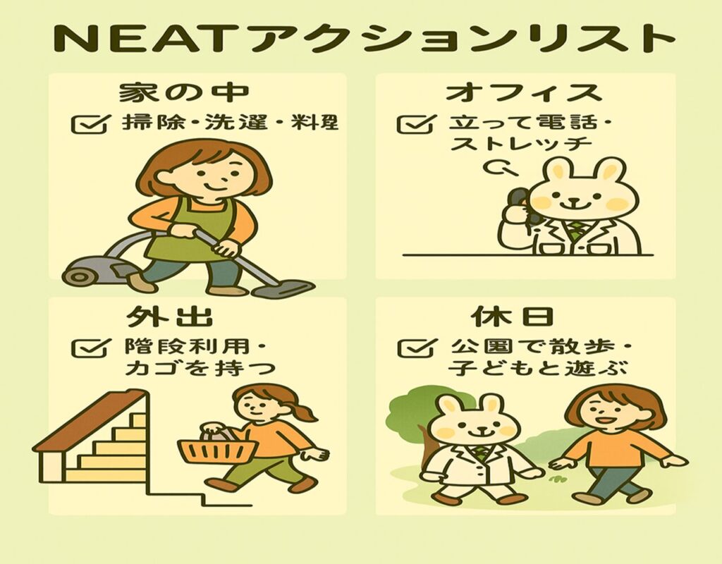 NEATアクションリストを示すイラスト。4つの生活シーン(家の中・オフィス・外出・休日)に分かれ、それぞれ掃除や階段利用、公園での散歩などのNEAT行動をチェックリスト形式で紹介。みどりん(白衣のうさぎ)とすずちゃん(オレンジの服の女性)が各場面で登場し、親しみやすく実践的な雰囲気を表現している。