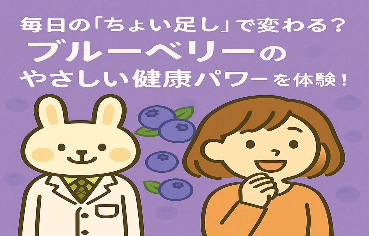 紫色の背景に、ブルーベリーが散りばめられたイラスト。左には白衣姿のみどりん（うさぎの薬剤師）、右にはオレンジの服を着たすずちゃん（女の子）が笑顔で並び、中央に「毎日の“ちょい足し”で変わる？ブルーベリーのやさしい健康パワーを体験！」というタイトル文字が配置されている。