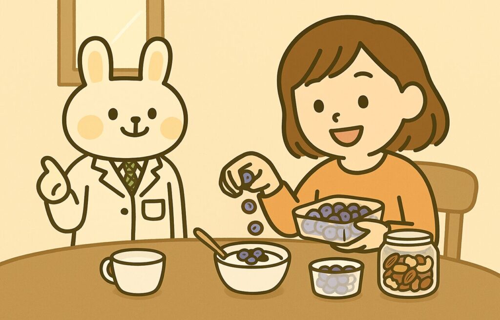 朝の食卓で、すずちゃんがヨーグルトにブルーベリーをのせている様子。みどりんが横で「その調子♪」とやさしく見守っている。テーブルにはヨーグルト、冷凍ブルーベリー、ナッツが並び、背景は朝の明るい室内。