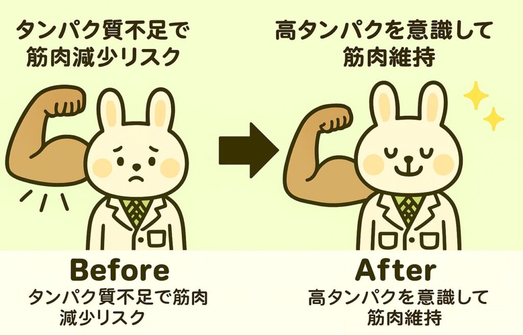 左側の『Before』では白衣を着たうさぎキャラクターのみどりんが疲れた表情をしており、腕が細くなる筋肉減少のイメージや落ち込みマークが描かれている。右側の『After』ではみどりんが笑顔で元気な姿になり、筋肉を象徴する腕のアイコンや卵・魚などのタンパク質食品が描かれている。背景は明るい緑で健康的な雰囲気。