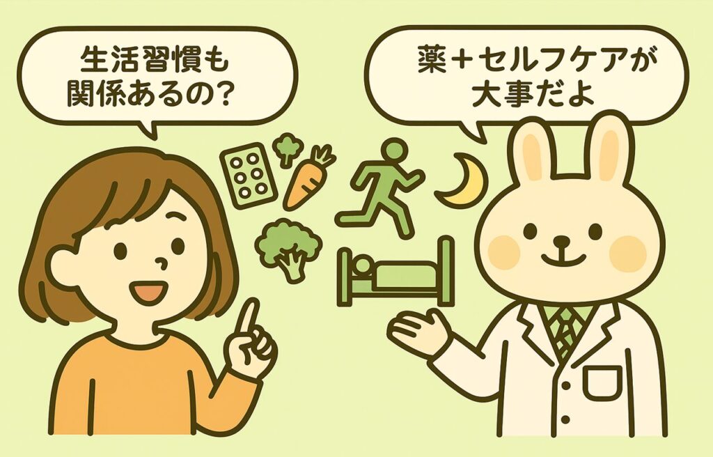 すずちゃんが「生活習慣も関係あるの？」と問いかけ、みどりんが「薬＋セルフケアが大事だよ」と答えているイラスト。背景に薬・野菜・運動・睡眠を象徴するアイコンが配置され、乾癬セルフケアのスタートをイメージしている横長の図。