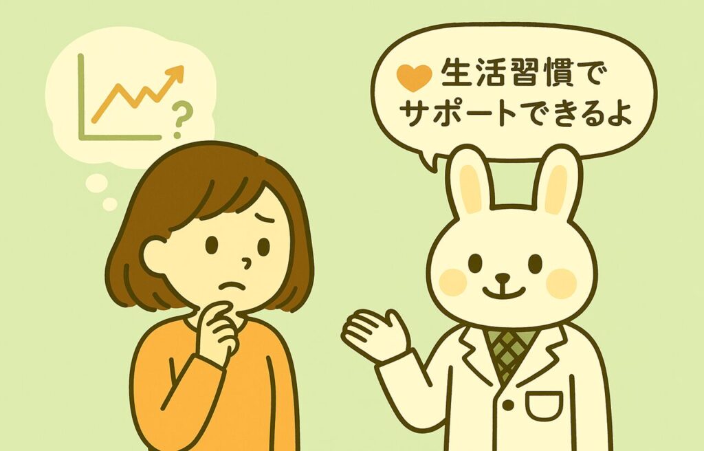 「健康診断で血圧が高めと指摘され、不安そうな表情のすずちゃん。隣で白衣姿のみどりんが、“生活習慣の工夫で血圧ケアをサポートできるよ”とやさしく説明しているイラスト。