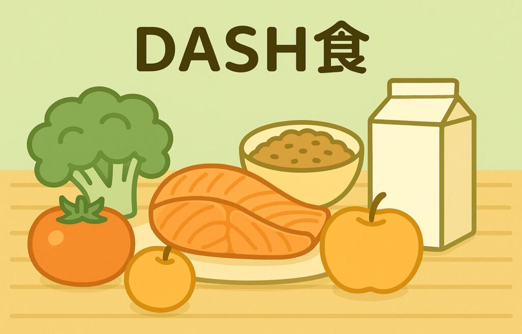DASH食のイメージ。食卓に野菜、果物、魚、全粒穀物、低脂肪乳製品などがバランスよく並べられている様子を描いたイラスト。