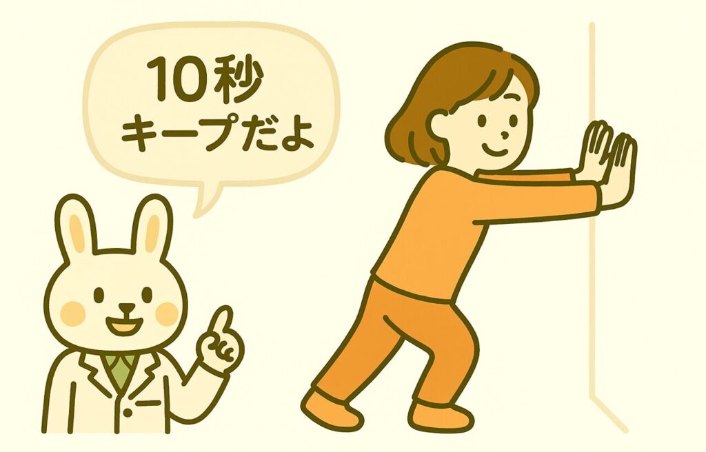 すずちゃんが壁に手をついてアイソメトリック運動（壁押し）をしているイラスト。みどりんが横で『10秒キープだよ』とアドバイスしている様子。血圧ケアに役立つ運動法をわかりやすく示している。