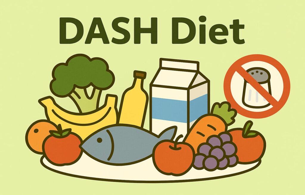 DASHダイエットをイメージしたイラスト。ブロッコリー、トマト、バナナ、リンゴなどの野菜や果物と、低脂肪ヨーグルトや牛乳などの乳製品が並んでいる。横には「塩分控えめ」を示す塩のアイコンに斜線が描かれ、減塩を表している。背景は淡い緑色で、健康的で落ち着いた雰囲気。