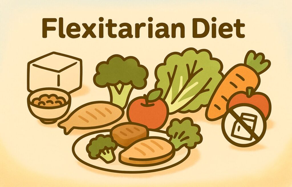 フレキシタリアン・ダイエットをイメージしたイラスト。豆腐や納豆などの大豆食品、にんじんやブロッコリーなどの野菜が中心に描かれ、横に少量の肉や魚も添えられている。背景は柔らかい緑とオレンジ色を基調とし、無理なく続けられる“ゆるベジ”の雰囲気を表現している。