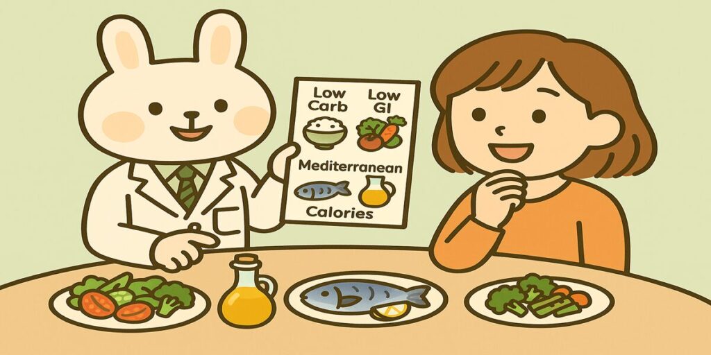 白衣を着た薬剤師のうさぎ・みどりんが資料を指しながら説明し、オレンジの服のすずちゃんがうなずいている。テーブルの上には野菜・魚・オリーブオイルなど地中海食風の料理が並び、背景は淡い緑色で清潔感と安心感のある雰囲気のイラスト。