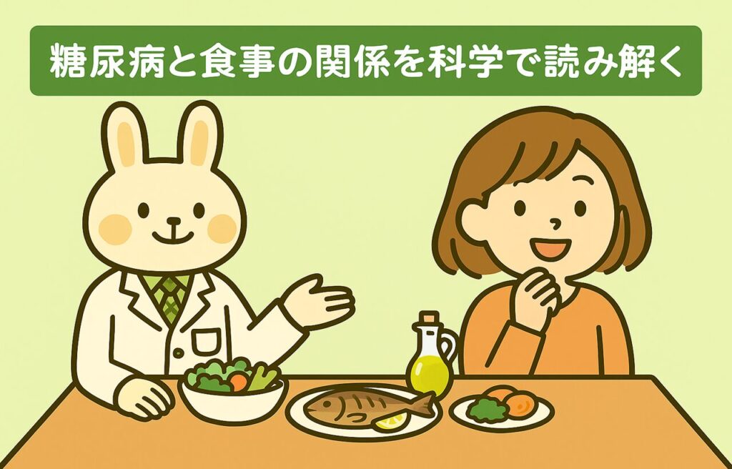 糖尿病と食事療法をテーマに、みどりんとすずちゃんが食卓で話すイラスト
