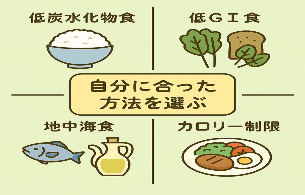 糖尿病治療で推奨される食事パターンの種類を示した図