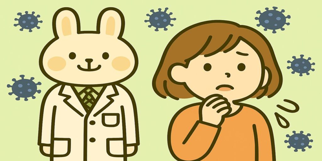 白衣を着たうさぎの薬剤師みどりんが笑顔で立ち、オレンジの服を着たすずちゃんが不安そうな表情をしている。背景にはスパイクタンパクを持つウイルスのイラストが散りばめられ、感染への不安と健康相談の場面を表しているイラスト。