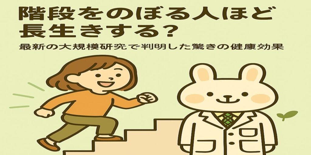 白衣を着た薬剤師のうさぎ・みどりんと、オレンジ色の服を着たすずちゃんが、笑顔で階段をのぼっている。みどりんは資料を持ち、すずちゃんを励ますように並んで歩いている。背景は明るい緑色の屋内階段で、健康的で前向きな雰囲気のイラスト。