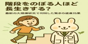 白衣を着た薬剤師のうさぎ・みどりんと、オレンジ色の服を着たすずちゃんが、笑顔で階段をのぼっている。みどりんは資料を持ち、すずちゃんを励ますように並んで歩いている。背景は明るい緑色の屋内階段で、健康的で前向きな雰囲気のイラスト。