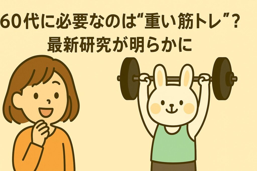 「60代に必要なのは“重い筋トレ”？最新研究が明らかに」という文字が描かれた横長イラスト。