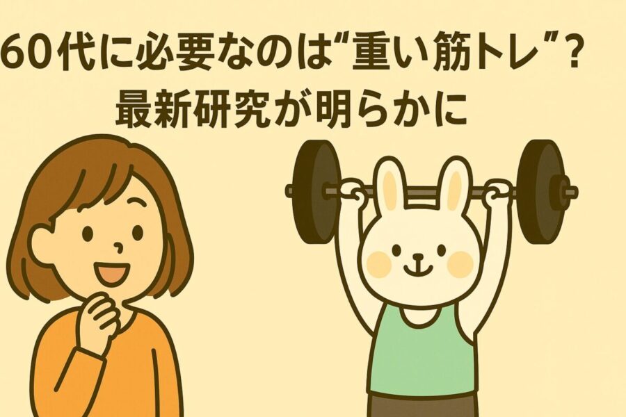 「60代に必要なのは“重い筋トレ”？最新研究が明らかに」という文字が描かれた横長イラスト。