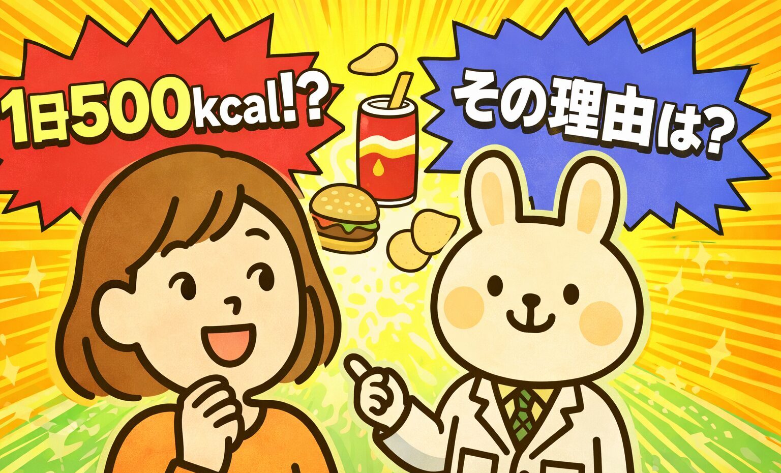 超加工食品で1日500kcal多く摂取する理由を解説する記事のアイキャッチ画像。オレンジの服を着たすずちゃんと、白衣を着た薬剤師うさぎのみどりんが並び、ハンバーガーやジュースのイラストと『1日500kcal!?』『その理由は？』という吹き出しが描かれている。