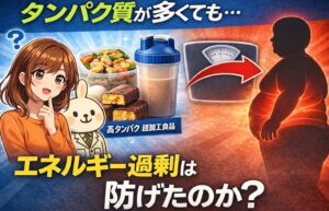 すずちゃんと薬剤師ウサギのみどりんが登場し、高タンパクな超加工食品とエネルギー過剰を問いかけるアニメ風アイキャッチイラスト