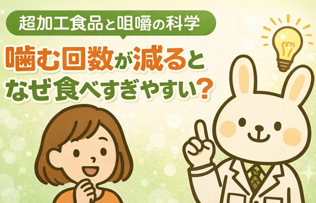 白衣を着た薬剤師のうさぎ「みどりん」と、考え込む表情の女の子「すずちゃん」が並び、超加工食品と咀嚼回数の関係を解説しているイラスト。背景には「噛む回数が減るとなぜ食べすぎやすい？」というタイトル文字が描かれている。