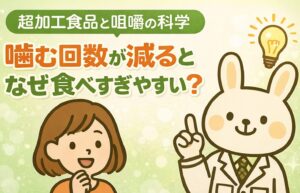 白衣を着た薬剤師のうさぎ「みどりん」と、考え込む表情の女の子「すずちゃん」が並び、超加工食品と咀嚼回数の関係を解説しているイラスト。背景には「噛む回数が減るとなぜ食べすぎやすい？」というタイトル文字が描かれている。