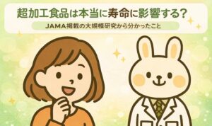 白衣を着た薬剤師のウサギ「みどりん」と、オレンジ色の服を着た女の子「すずちゃん」が並んで微笑んでいるイラスト。背景は淡い緑色で、「超加工食品は本当に寿命に影響する？JAMA掲載の大規模研究から分かったこと」というテーマをやさしく伝えるアイキャッチ画像。