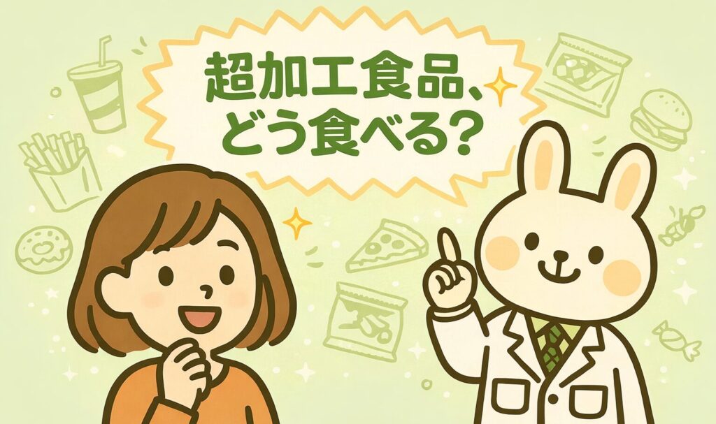白衣を着た薬剤師のうさぎ「みどりん」と、オレンジ色の服を着た女の子「すずちゃん」が並んで会話しているイラスト。みどりんは指を立てて説明するポーズ、すずちゃんは考えるように微笑んでいる。背景は淡い緑色で、ハンバーガーやポテト、ジュースなどの超加工食品のイラストが散りばめられ、中央には「超加工食品、どう食べる?」という文字が描かれている。