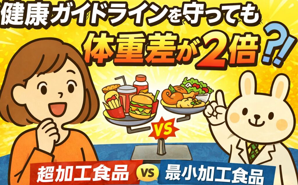 超加工食品と最小加工食品を比較した研究結果を表したアイキャッチ画像。健康ガイドラインを守っても体重差が2倍生じたことを、すずちゃんと薬剤師うさぎのみどりんが天秤で示している。