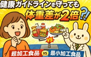 超加工食品と最小加工食品を比較した研究結果を表したアイキャッチ画像。健康ガイドラインを守っても体重差が2倍生じたことを、すずちゃんと薬剤師うさぎのみどりんが天秤で示している。