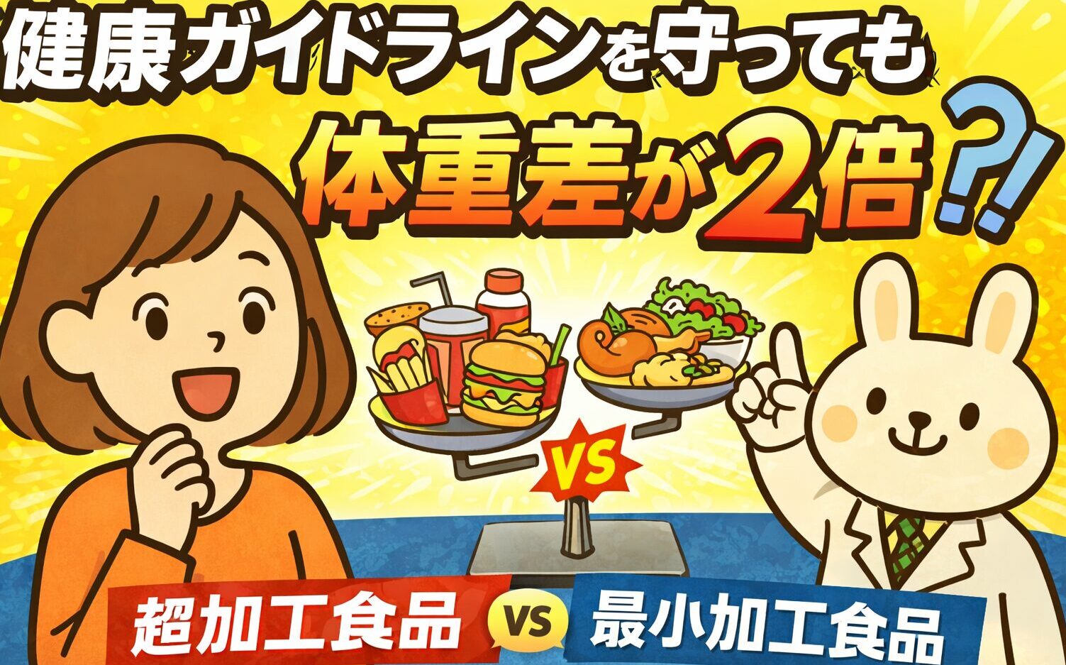 超加工食品と最小加工食品を比較した研究結果を表したアイキャッチ画像。健康ガイドラインを守っても体重差が2倍生じたことを、すずちゃんと薬剤師うさぎのみどりんが天秤で示している。
