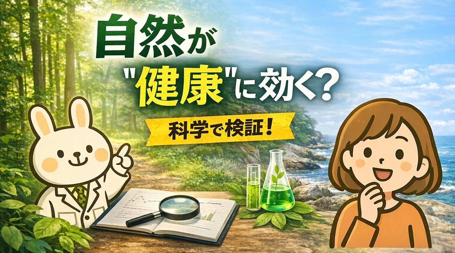 衣を着たうさぎの薬剤師キャラクター「みどりん」と、考えるポーズの女性キャラクター「すずちゃん」が、森林と海が広がる自然の背景の前に立っている。中央には「自然が“健康”に効く？」と大きく表示され、その下に「科学で検証！」と書かれた横長のアイキャッチ画像。