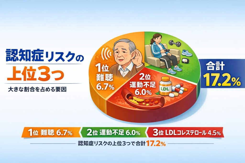 認知症リスクの上位3つを示した図解。1位は難聴（6.7%）、2位は運動不足（6.0%）、3位はLDLコレステロール（4.5%）で、これら3つの要因だけで合計17.2%を占めることを円グラフとイラストで分かりやすく示している。