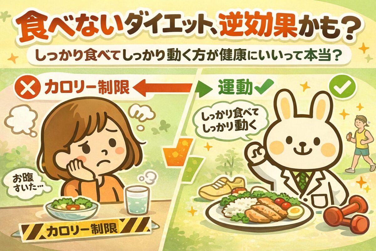 カロリー制限だけのダイエットと運動を組み合わせた健康法を比較したイラスト。食事制限で疲れた女性と、しっかり食べて運動する重要性を説明するキャラクターが描かれ、「食べないダイエットは逆効果かも?」というメッセージで健康と死亡率の関係を解説している。