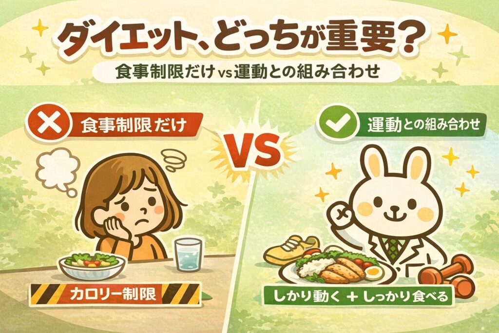 カロリー制限と運動の違いを比較したイラスト。左側は食事制限のみで疲れている女性、右側は運動と食事を組み合わせて元気なキャラクターが描かれ、「ダイエットは食事制限だけでなく運動との組み合わせが重要」であることを示している。