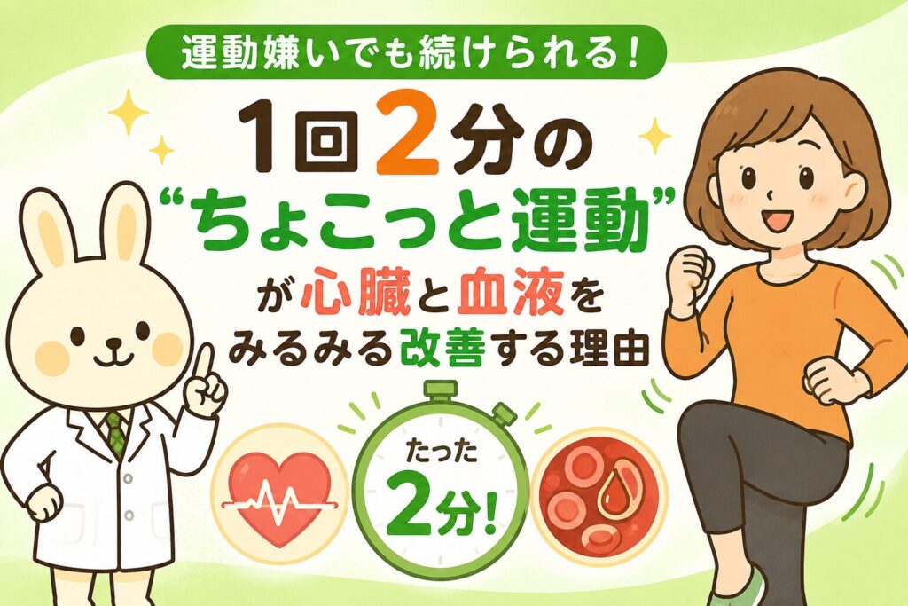 運動嫌いでも続けられる「1回2分のちょこっと運動」をテーマにした横長のアイキャッチ画像。左側には白衣を着た薬剤師うさぎのみどりん、右側にはオレンジ色の服を着てその場で軽く運動するすずちゃんが描かれている。中央には「1回2分の“ちょこっと運動”が心臓と血液をみるみる改善する理由」という大きなタイトルが配置され、下部には心臓・血液・ストップウォッチのイラストがあり、短時間運動による健康効果をイメージできるデザイン。