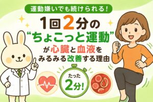 運動嫌いでも続けられる「1回2分のちょこっと運動」をテーマにした横長のアイキャッチ画像。左側には白衣を着た薬剤師うさぎのみどりん、右側にはオレンジ色の服を着てその場で軽く運動するすずちゃんが描かれている。中央には「1回2分の“ちょこっと運動”が心臓と血液をみるみる改善する理由」という大きなタイトルが配置され、下部には心臓・血液・ストップウォッチのイラストがあり、短時間運動による健康効果をイメージできるデザイン。