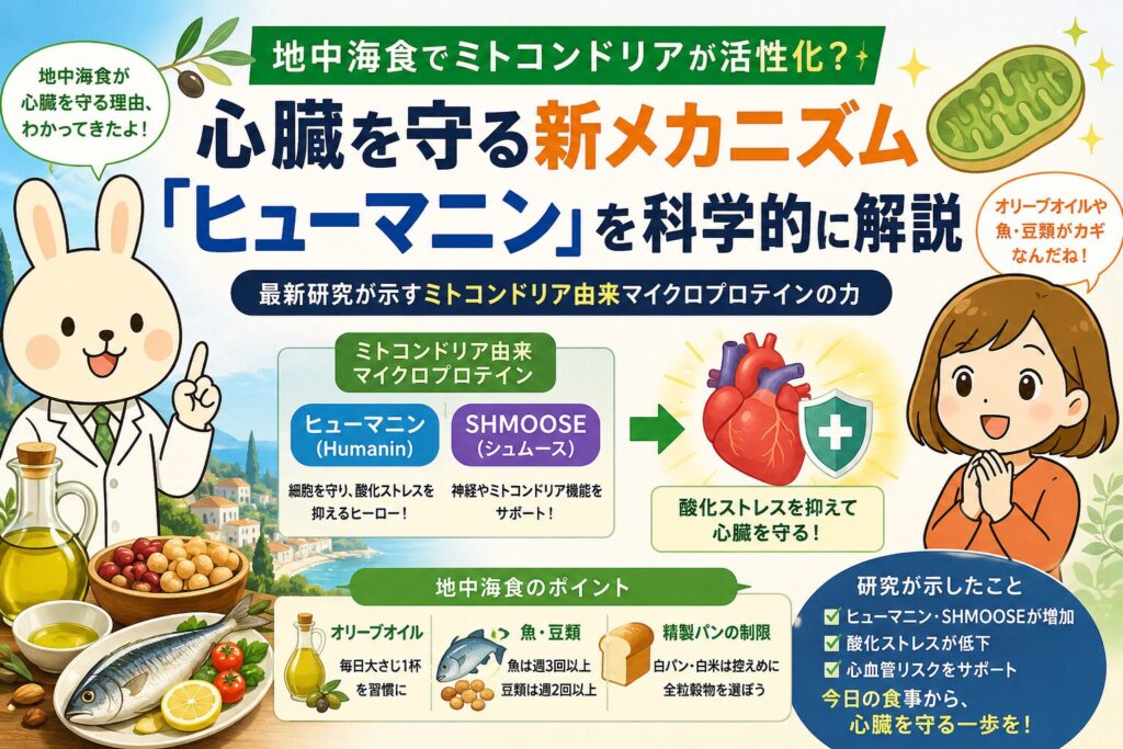 地中海食と心臓の健康をテーマにした横長のアイキャッチ画像。左側には白衣を着たうさぎキャラクター「みどりん」が指を立てながら、「地中海食が心臓を守る理由、わかってきたよ！」と説明している。右側にはオレンジ色の服を着た女の子キャラクター「すずちゃん」が笑顔で驚いた表情を見せ、「オリーブオイルや魚・豆類がカギなんだね！」と吹き出しで話している。中央には「地中海食でミトコンドリアが活性化？」「心臓を守る新メカニズム『ヒューマニン』を科学的に解説」という大きなタイトルが配置されている。画像中央には「ヒューマニン（Humanin）」と「SHMOOSE（シュムース）」というミトコンドリア由来マイクロプロテインの説明図があり、矢印の先に心臓と盾のイラストが描かれ、「酸化ストレスを抑えて心臓を守る！」と示されている。下部にはオリーブオイル、魚、豆類、全粒穀物など地中海食の食品イラストや、「研究が示したこと」として「ヒューマニン・SHMOOSEが増加」「酸化ストレスが低下」「心血管リスクをサポート」などのポイントが整理されている。全体は緑・青・オレンジを基調とした、科学的で親しみやすい健康系デザイン。