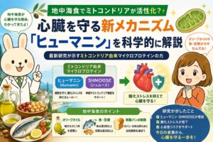 地中海食と心臓の健康をテーマにした横長のアイキャッチ画像。左側には白衣を着たうさぎキャラクター「みどりん」が指を立てながら、「地中海食が心臓を守る理由、わかってきたよ!」と説明している。右側にはオレンジ色の服を着た女の子キャラクター「すずちゃん」が笑顔で驚いた表情を見せ、「オリーブオイルや魚・豆類がカギなんだね!」と吹き出しで話している。中央には「地中海食でミトコンドリアが活性化?」「心臓を守る新メカニズム『ヒューマニン』を科学的に解説」という大きなタイトルが配置されている。画像中央には「ヒューマニン(Humanin)」と「SHMOOSE(シュムース)」というミトコンドリア由来マイクロプロテインの説明図があり、矢印の先に心臓と盾のイラストが描かれ、「酸化ストレスを抑えて心臓を守る!」と示されている。下部にはオリーブオイル、魚、豆類、全粒穀物など地中海食の食品イラストや、「研究が示したこと」として「ヒューマニン・SHMOOSEが増加」「酸化ストレスが低下」「心血管リスクをサポート」などのポイントが整理されている。全体は緑・青・オレンジを基調とした、科学的で親しみやすい健康系デザイン。