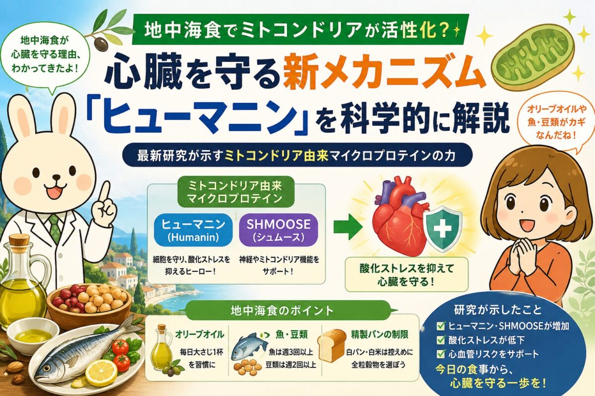 地中海食と心臓の健康をテーマにした横長のアイキャッチ画像。左側には白衣を着たうさぎキャラクター「みどりん」が指を立てながら、「地中海食が心臓を守る理由、わかってきたよ！」と説明している。右側にはオレンジ色の服を着た女の子キャラクター「すずちゃん」が笑顔で驚いた表情を見せ、「オリーブオイルや魚・豆類がカギなんだね！」と吹き出しで話している。中央には「地中海食でミトコンドリアが活性化？」「心臓を守る新メカニズム『ヒューマニン』を科学的に解説」という大きなタイトルが配置されている。画像中央には「ヒューマニン（Humanin）」と「SHMOOSE（シュムース）」というミトコンドリア由来マイクロプロテインの説明図があり、矢印の先に心臓と盾のイラストが描かれ、「酸化ストレスを抑えて心臓を守る！」と示されている。下部にはオリーブオイル、魚、豆類、全粒穀物など地中海食の食品イラストや、「研究が示したこと」として「ヒューマニン・SHMOOSEが増加」「酸化ストレスが低下」「心血管リスクをサポート」などのポイントが整理されている。全体は緑・青・オレンジを基調とした、科学的で親しみやすい健康系デザイン。