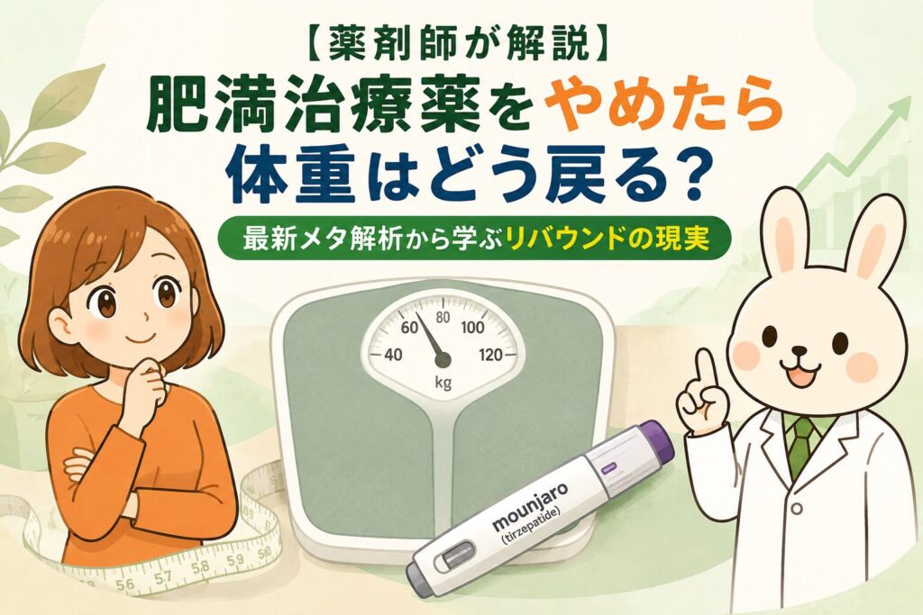 みどりんとすずちゃんが登場する、肥満治療薬のリバウンドをテーマにした横長アイキャッチ画像。中央に大きな体重計とマンジャロ風の注射ペンが配置され、「肥満治療薬をやめたら体重はどう戻る？」というタイトルが大きく描かれている。左側ですずちゃんが不安そうに考え込み、右側で白衣姿のみどりんが指を立てて解説している。背景は淡いグリーン系で、メジャーや上向き矢印がさりげなく配置されたシンプルなデザイン。