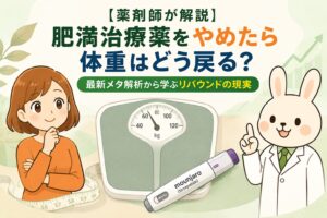 みどりんとすずちゃんが登場する、肥満治療薬のリバウンドをテーマにした横長アイキャッチ画像。中央に大きな体重計とマンジャロ風の注射ペンが配置され、「肥満治療薬をやめたら体重はどう戻る？」というタイトルが大きく描かれている。左側ですずちゃんが不安そうに考え込み、右側で白衣姿のみどりんが指を立てて解説している。背景は淡いグリーン系で、メジャーや上向き矢印がさりげなく配置されたシンプルなデザイン。