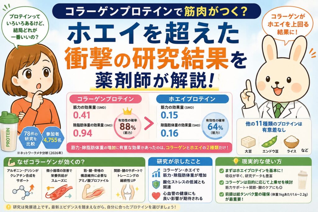 オレンジ色の服を着たすずちゃんと、白衣姿のみどりんが登場する横長のアイキャッチ画像。中央には「ホエイを超えた衝撃の研究結果を薬剤師が解説!」という大きなタイトルが配置され、コラーゲンプロテインとホエイプロテインの効果比較が図表でわかりやすく紹介されている。筋力・除脂肪体重の効果量や研究参加者数、コラーゲンが効く理由(クレアチン合成、関節サポートなど)もイラスト付きで解説されており、全体的にポップで情報量の多いサムネイルデザイン。