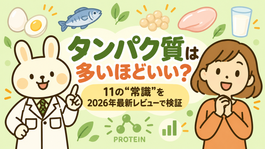 卵・魚・大豆・肉・牛乳などのタンパク源と、みどりん・すずちゃんが描かれた「タンパク質は多いほどいい?」の記事アイキャッチ画像
