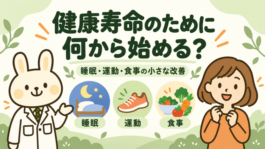 睡眠・運動・食事の小さな改善をテーマに、薬剤師のみどりんとすずちゃんが健康寿命のための生活習慣を紹介するイラスト。