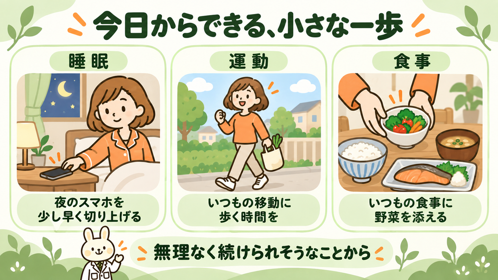 夜のスマホを少し早く切り上げる、いつもの移動で歩く時間を増やす、食事に野菜を添えるという、睡眠・運動・食事の小さな改善例を示すイラスト。