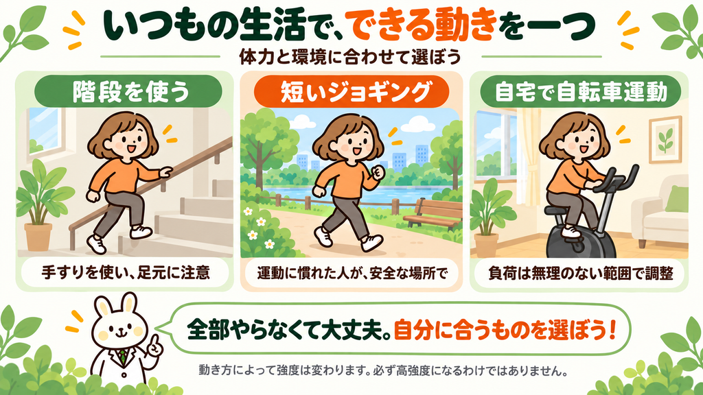 階段、短いジョギング、自宅の自転車運動をすずちゃんが実演。みどりんが体力と環境に合う活動を選ぶよう案内し、動き方によって強度が変わることを説明するイラスト。