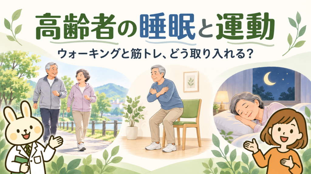 高齢者の睡眠と運動をテーマに、ウォーキング、椅子からの立ち座り運動、穏やかに眠る様子を、みどりんとすずちゃんとともに描いたイラスト。