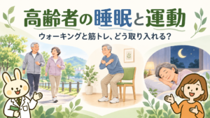 高齢者の睡眠と運動をテーマに、ウォーキング、椅子からの立ち座り運動、穏やかに眠る様子を、みどりんとすずちゃんとともに描いたイラスト。