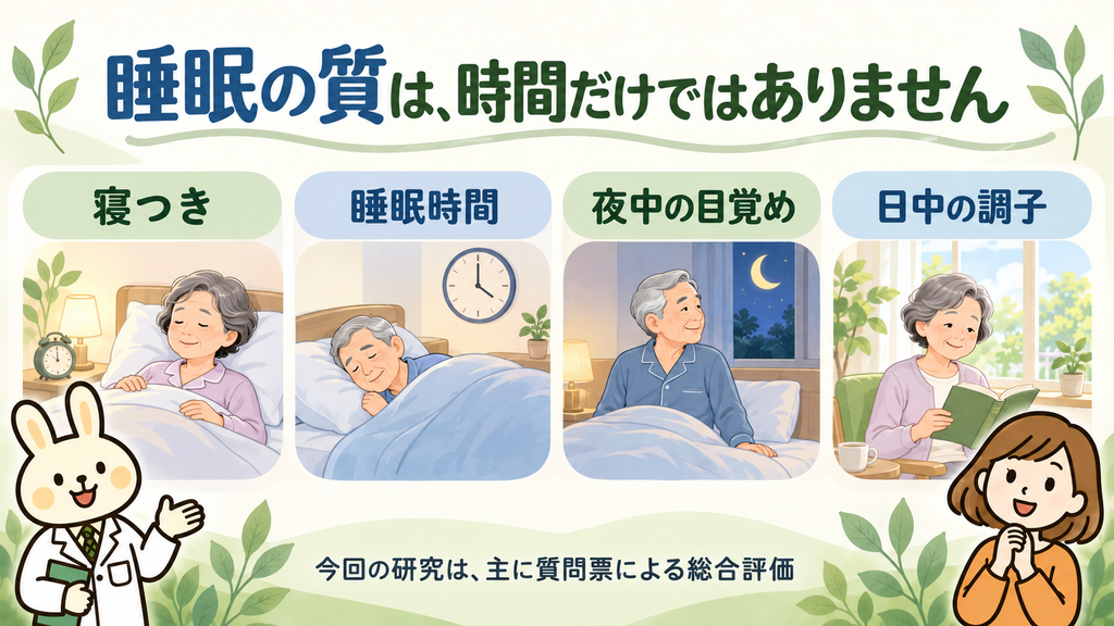 睡眠の質は時間だけでなく、寝つき、夜中の目覚め、日中の調子も含めて評価することを、みどりんとすずちゃんが紹介するイラスト。
